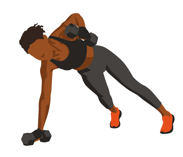 Female athlete planking whilst lifting weights