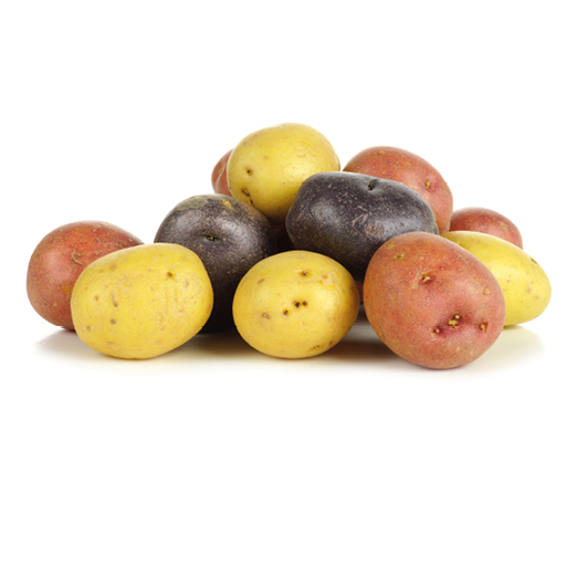 Pile of colorful fresh little potatoes over a white background