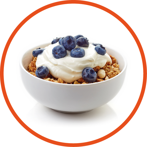 Bowl of whole grain muesli with blueberries and yogurt isolated on white background