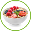 Bowls of oatmeal with berries and fruits on white background