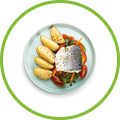 Plate of tasty sea bass fish with vegetables on white background