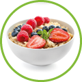 Bowls of oatmeal with berries and fruits on white background