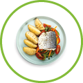 Plate of tasty sea bass fish with vegetables on white background