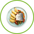 Plate of tasty sea bass fish with vegetables on white background