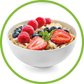 Bowls of oatmeal with berries and fruits on white background
