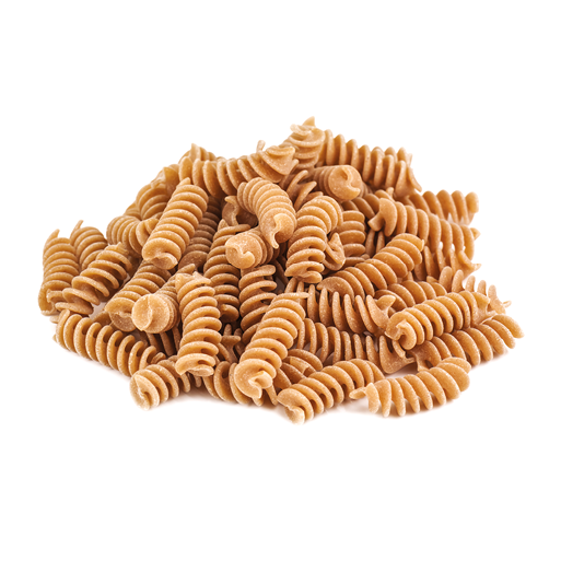 heap of whole wheat pasta on white background