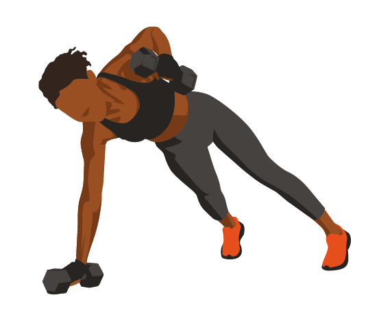 Female athlete planking wilst lifting weights