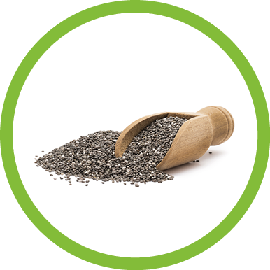 Pile or heap of chia seeds and a small wooden scoop seen from the front and isolated on white background