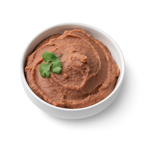 Bowl with Mexican brown refried beans paste close up isolated on white background