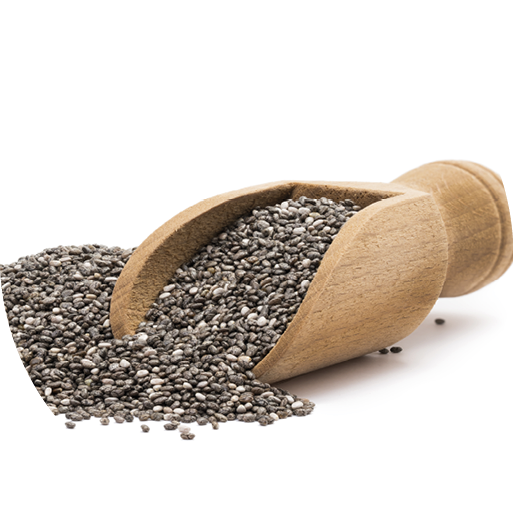 Pile or heap of chia seeds and a small wooden scoop seen from the front and isolated on white background