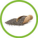 Pile or heap of chia seeds and a small wooden scoop seen from the front and isolated on white background