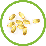 fish oil capsules isolated on white background. Top view. Flat lay pattern.