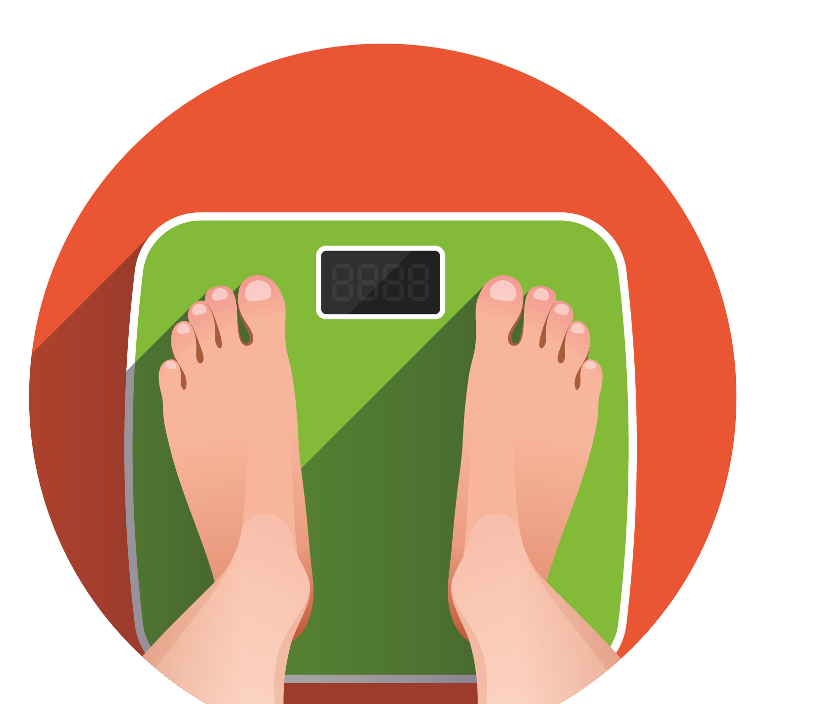 Woman is standing on bathroom scales over colored background, top view of feet. Weight measurement and control. Concept of healthy lifestyle, dieting and fitness