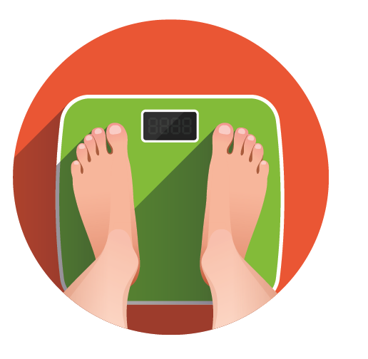 Woman is standing on bathroom scales over colored background, top view of feet. Weight measurement and control. Concept of healthy lifestyle, dieting and fitness