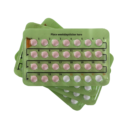 Stack of Birth control pill in 28 pill packages. There are 24 hormone pills, 4 placebo non-hormone pills, isolated on white background 