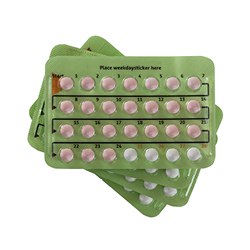 Stack of Birth control pill in 28 pill packages. There are 24 hormone pills, 4 placebo non-hormone pills, isolated on white background 