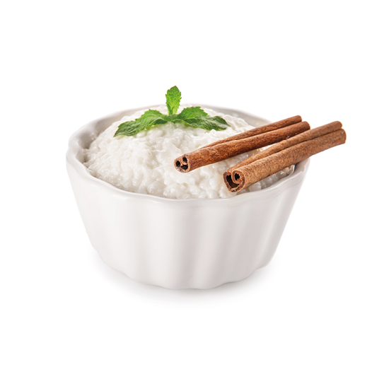 Delicious rice pudding with cinnamon in bowl on white background