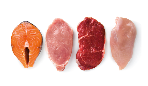 Meat collection on white background. Beef, pork, chicken, fish isolated on white. Set of natural food. Top view. Flat lay.