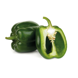 whole and half green bell pepper isolated on white background