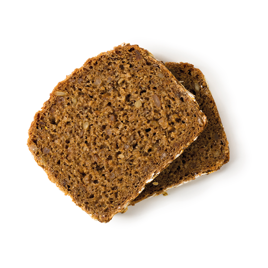 Bread whole grain two slices stacked over one another isolated on white background, top view, closeup