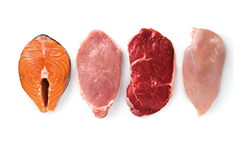 Meat collection on white background. Beef, pork, chicken, fish isolated on white. Set of natural food. Top view. Flat lay.