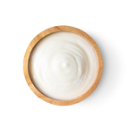 wood bowl of yogurt isolated on white background from top view