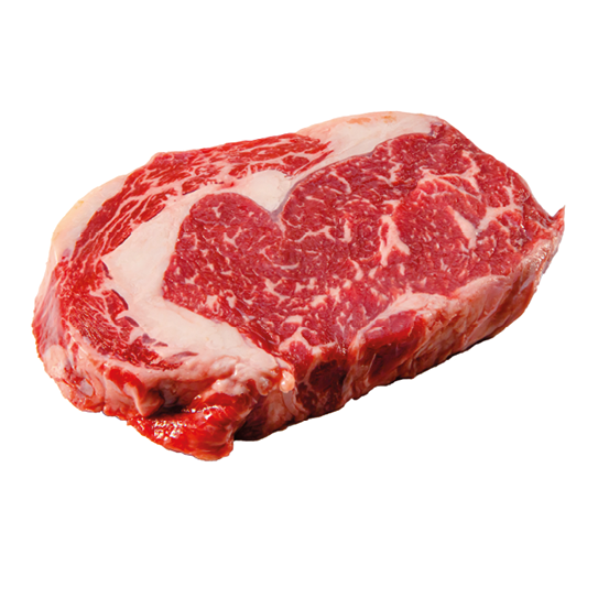 A rib eye steak of marbled grain-fed beef lies on a white background. Isolated.