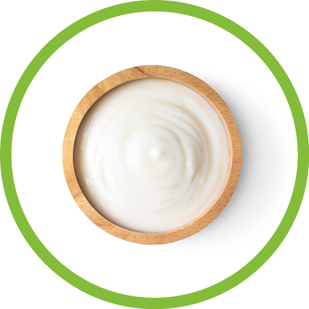 wood bowl of yogurt isolated on white background from top view