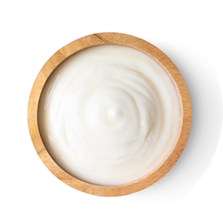 wood bowl of yogurt isolated on white background from top view