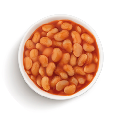 Bowl of baked beans in tomato sauce isolated on white background with clipping path, top view