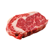 A rib eye steak of marbled grain-fed beef lies on a white background. Isolated.