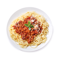 plate of pasta bolognese isolated on white background, top view