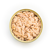 Canned tuna isolated, open tuna tin on a white background, Canned soy, Tuna packed in water