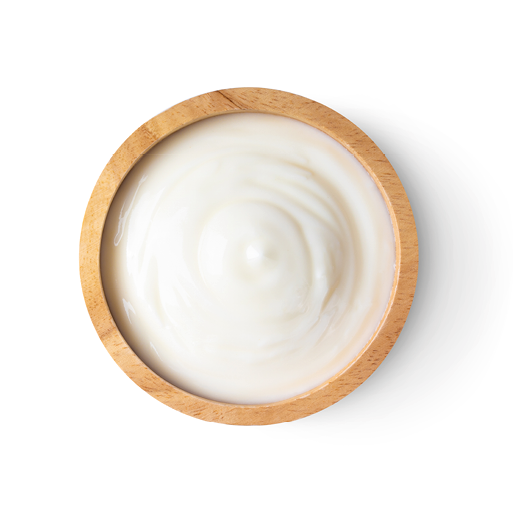 wood bowl of yogurt isolated on white background from top view