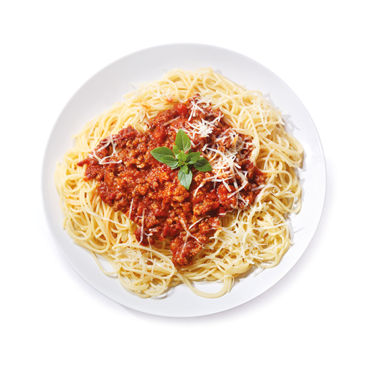 plate of pasta bolognese isolated on white background, top view