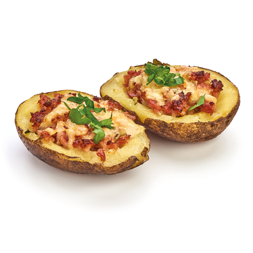 Stuffed baked potatoes with bacon and cheese, close-up, isolated on white background.